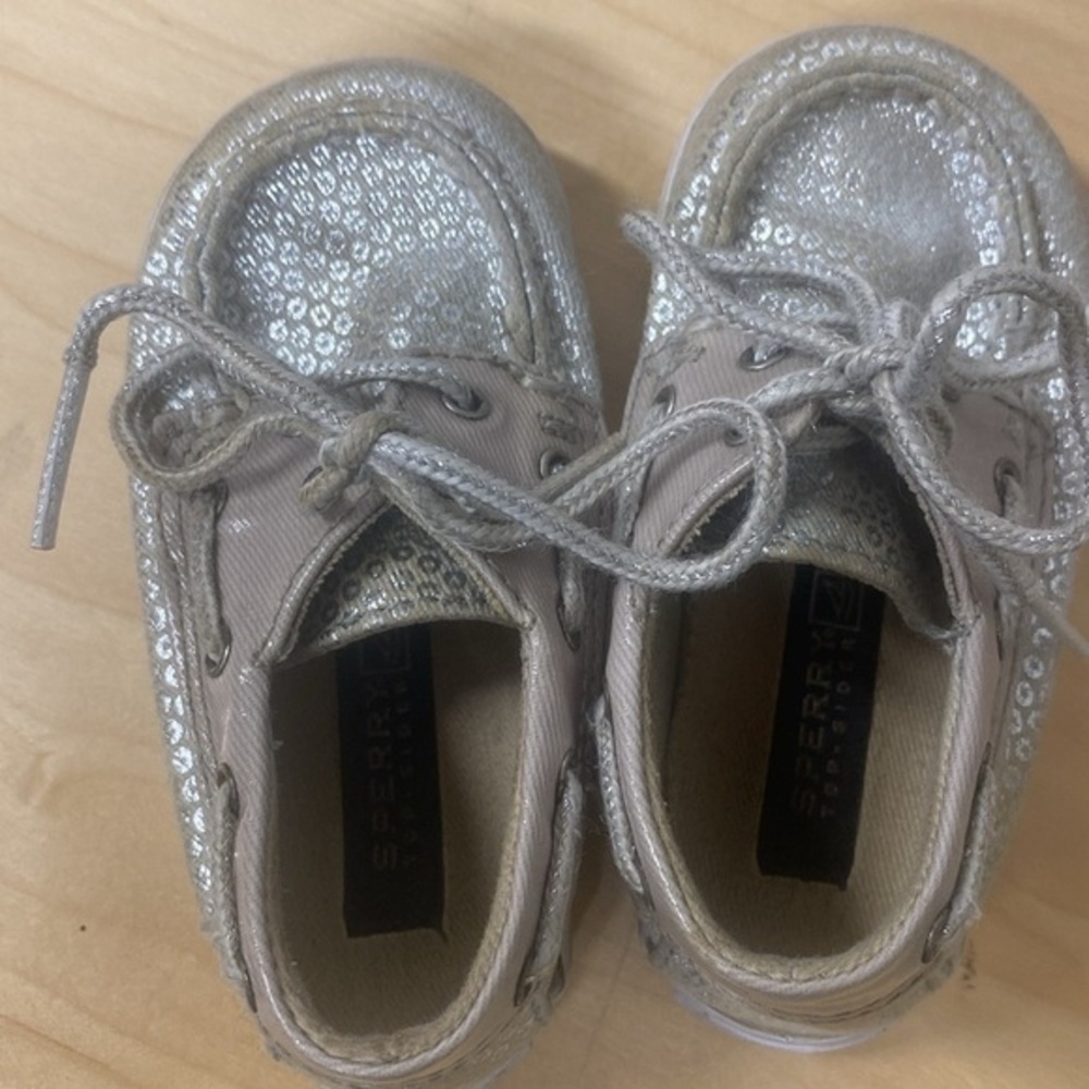 Sperry Topsider Silver Sparkle Sequin Lace Up Bahama Crib Jr Boat Shoes Baby 4M